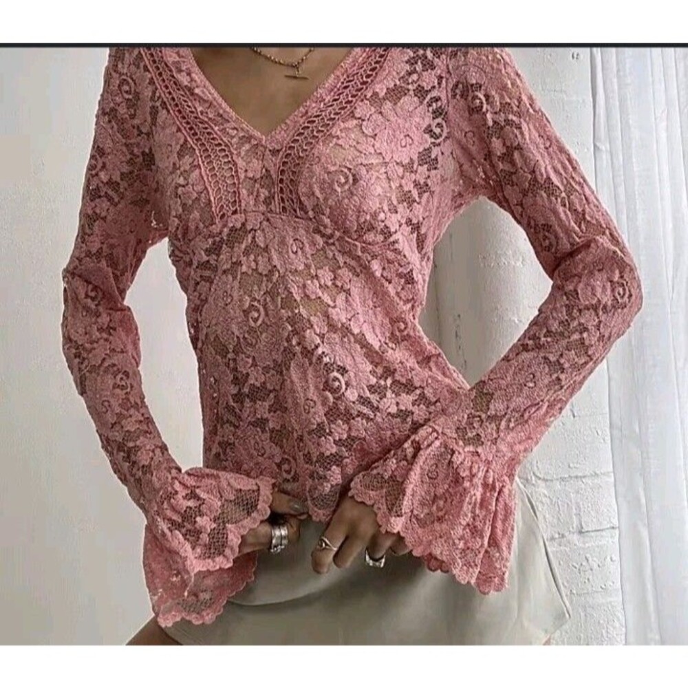Y2k XL Lace Babydoll Vintage Style Shirt Bell Sleeve Mini Sheer Floral Pink